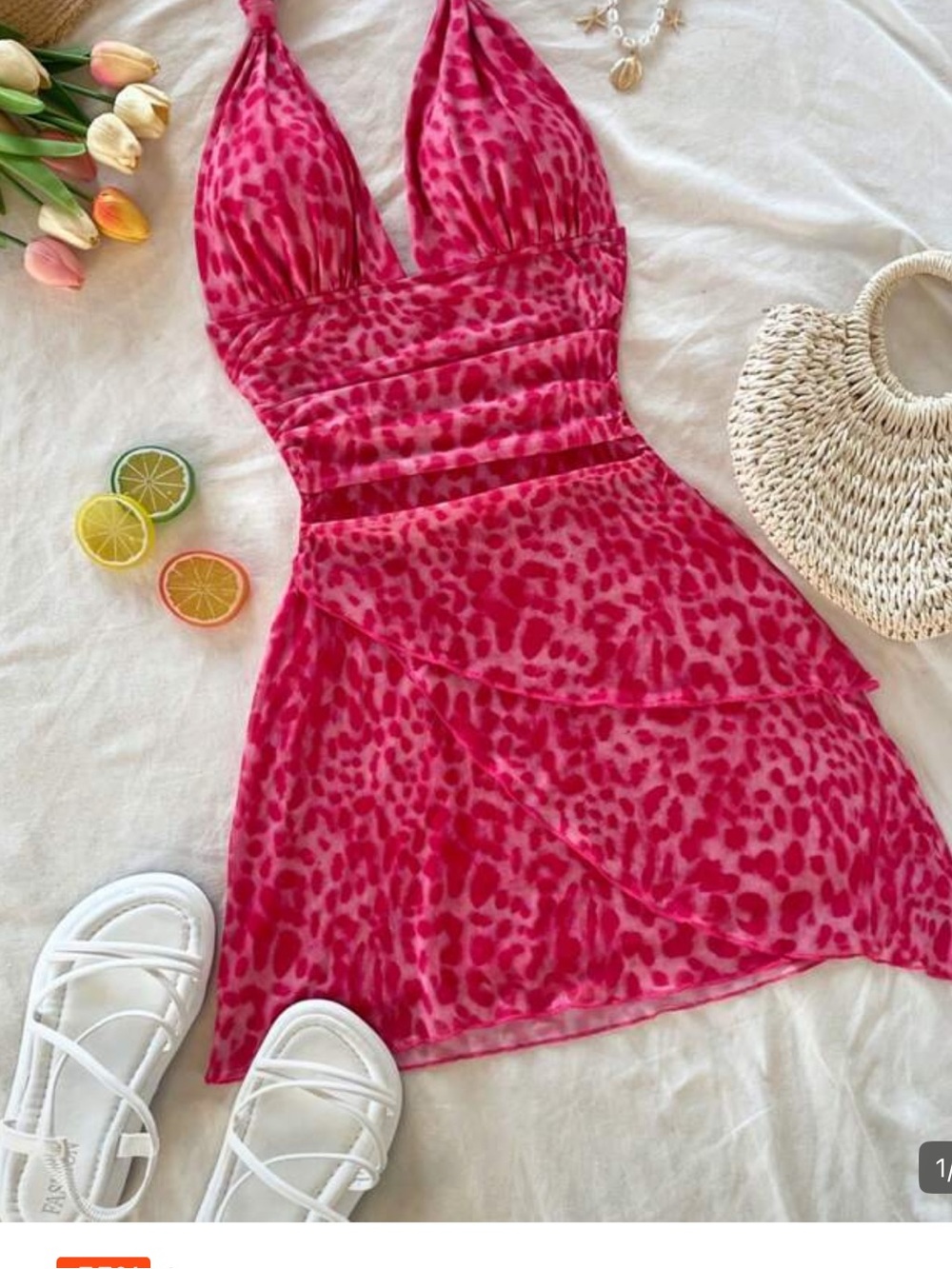 SHEIN Pink Red Leopard Asymmetrical Mini Dress